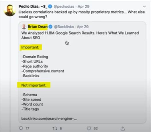 網速對 SEO 的影響不大 Brain Dean Twitter Post